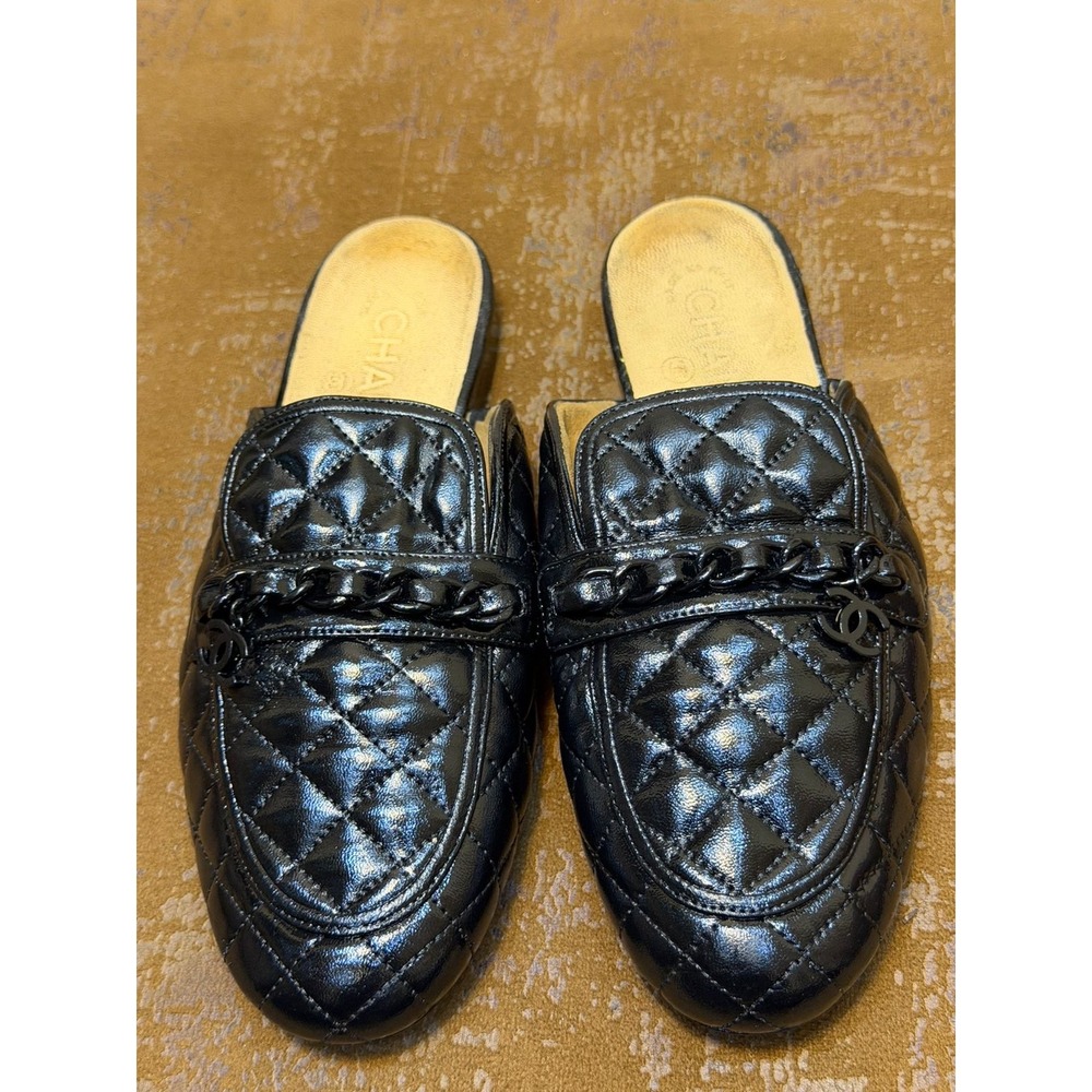 Chanel Quilted Leather Chain Mules Black CC Logo Loafers G37314 Size 36.5 C